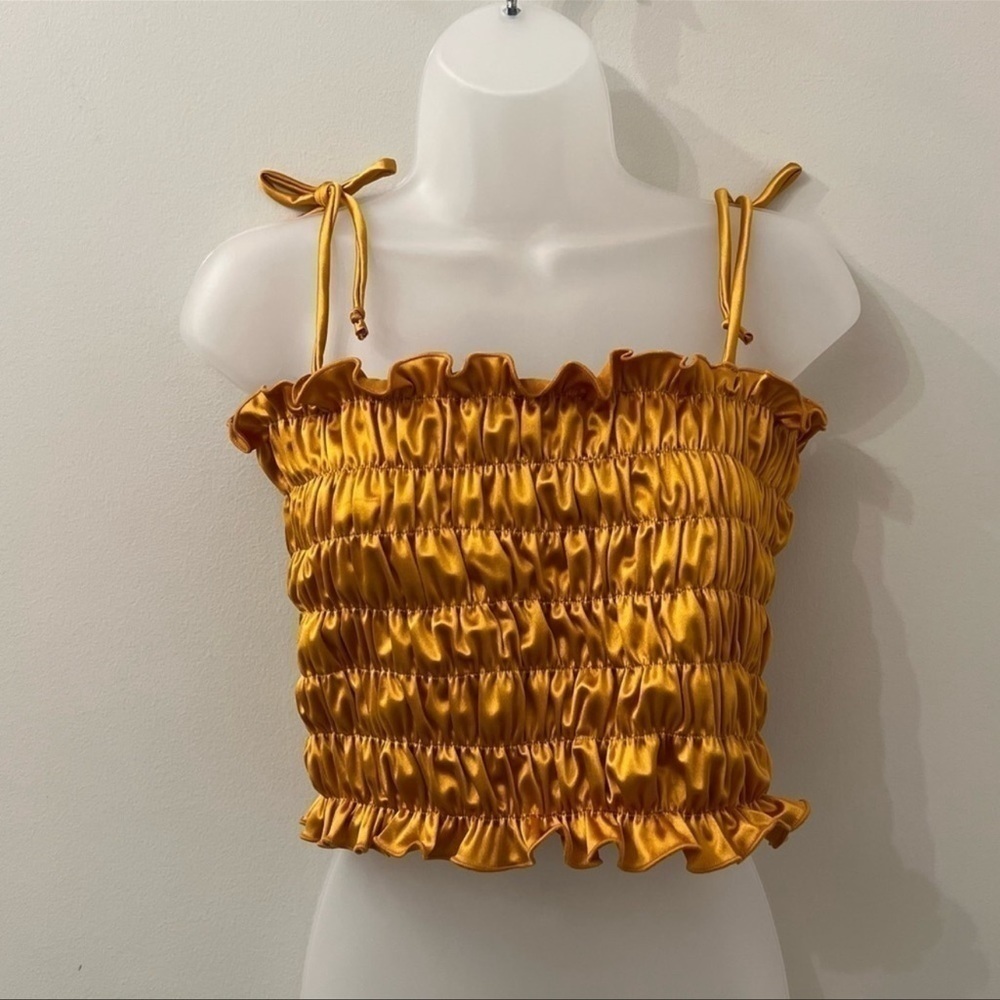 NWT SATIN Ruched crop Top with Tie Strap Sleeves
